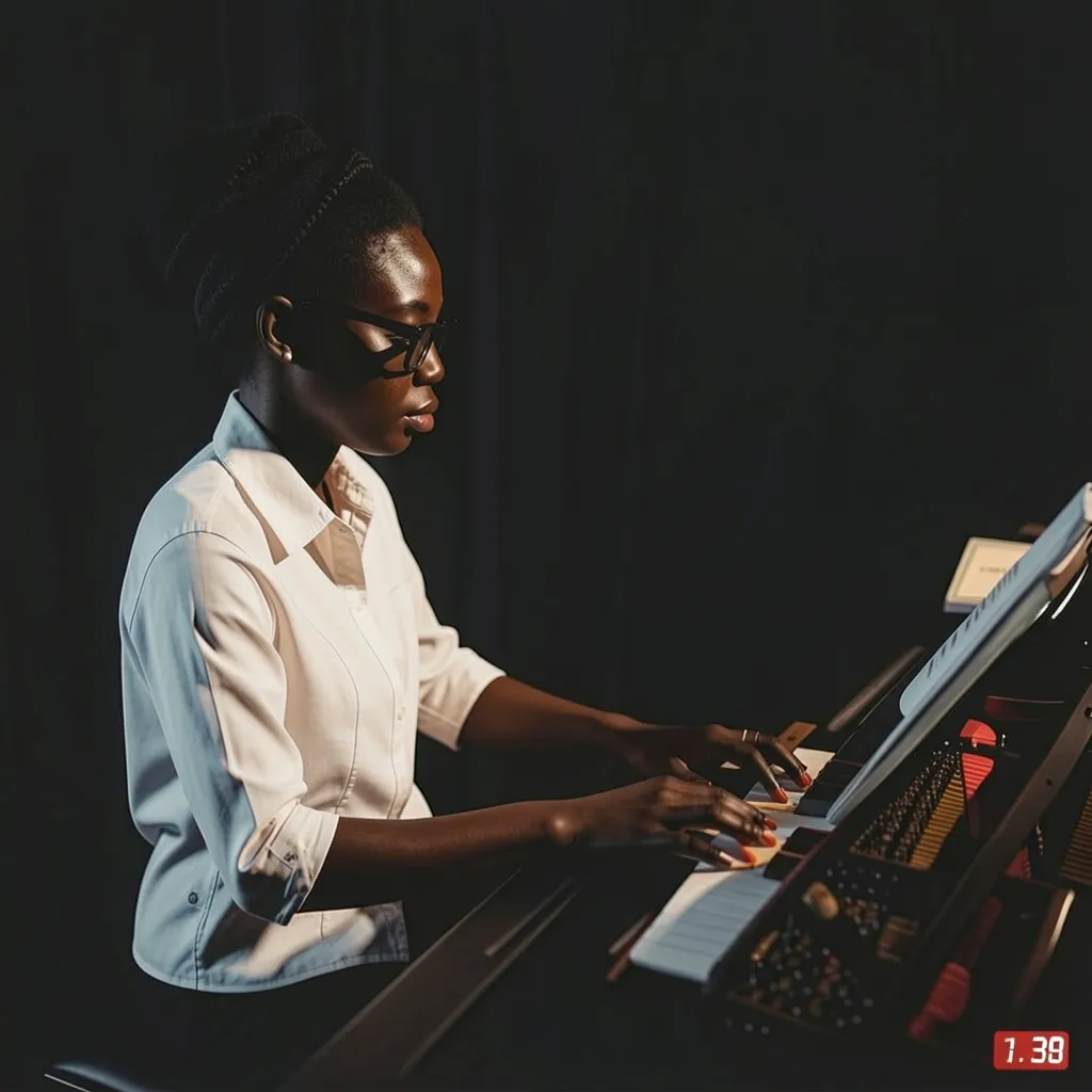 A composer playing a keyboard with sheet music on the stand