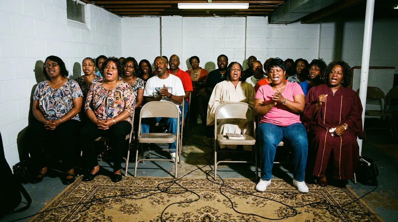 A church choir singing together in rehearsal